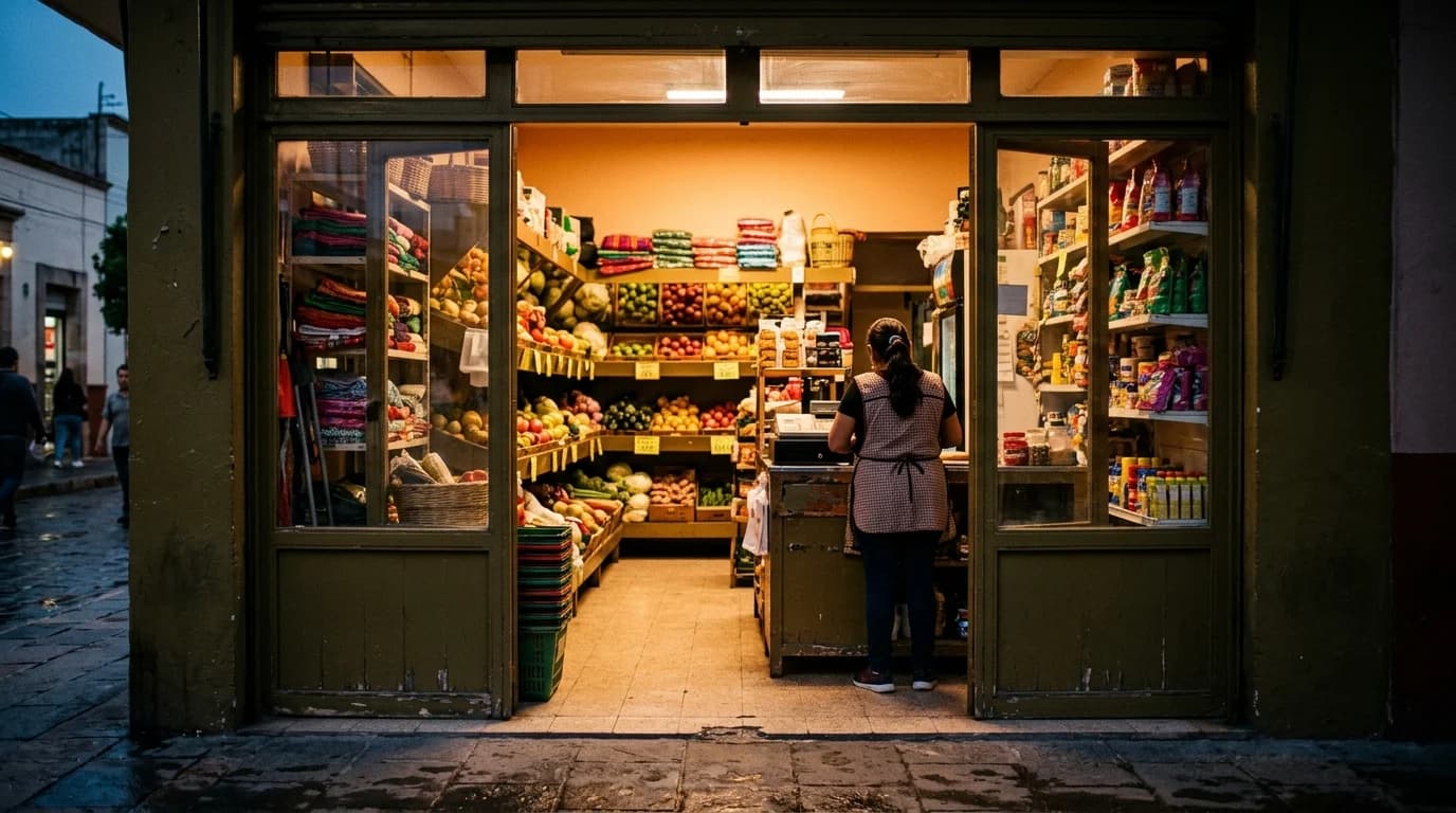 A warmly lit neighborhood grocery store at dusk